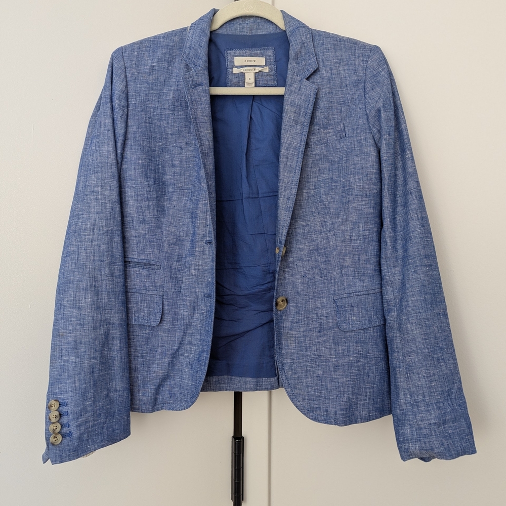 J. Crew Women's Classic Schoolboy Crosshatch Linen Blue Blazer